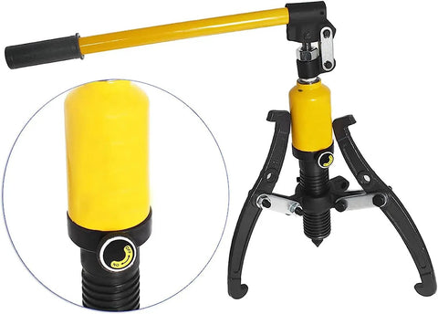 Heavy Duty Hydraulic Gear Puller With Interchangeable Jaws And Rotating Pump Head showing yellow cylinder and extracting arms.