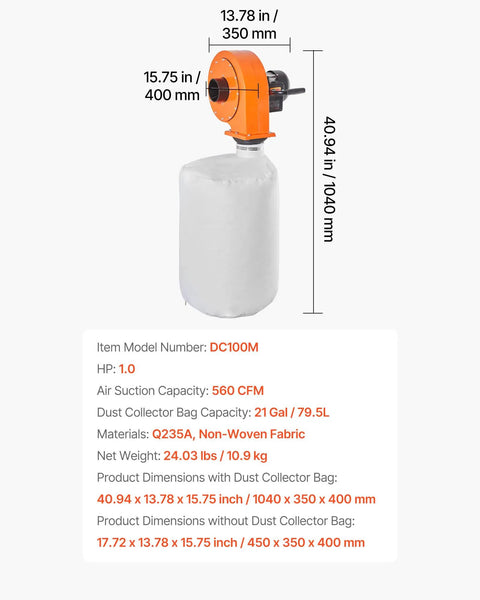 Wall Mount Dust Collector With 1 HP Motor Delivers 560 CFM For Woodworking Shops, Includes 2.5 Micron Bag, shown with dimensions