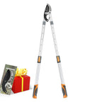 Telescoping Loppers With 6 Speed Adjustable Aluminum Handle From 27 To 41 Inches For High Reach Yard Work And Heavy Duty Tree Trimming Up To 2 Inch Branches Includes Spare SK5 Steel Blade, shown extended with gift box and extra blade