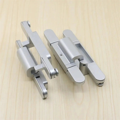 Invisible 2D T Hinge Adjustable 180 Degree Wood Door Hardware in silver on wood surface