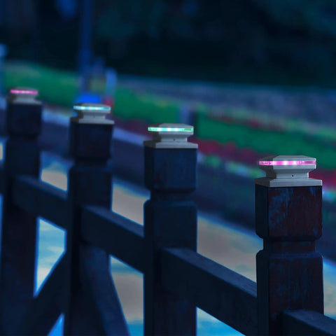 6 Pack Solar Post Lights Outdoor RGB Color Changing Post Cap Lights for fence deck and patio on wooden posts at night