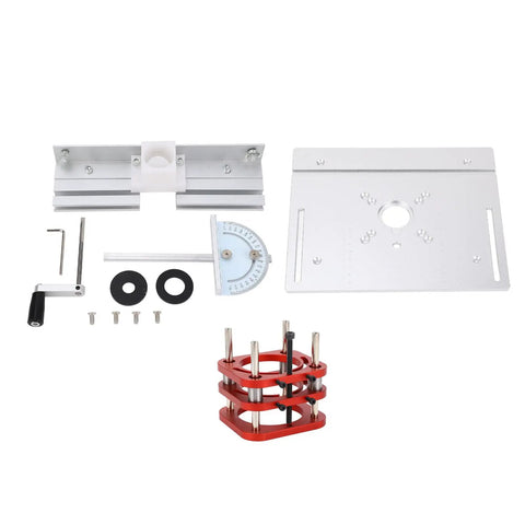 Top Shelf Router Table Lift System With 51mm Stroke parts including aluminum mount, height adjustment tool, and hardware.