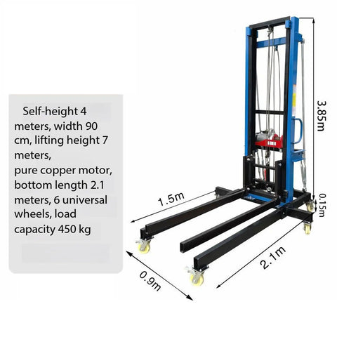 Heavy Duty Portable Rolling Material Lift With Casters For Construction Sites, 4m self-height, lifts 7m, 450kg capacity.