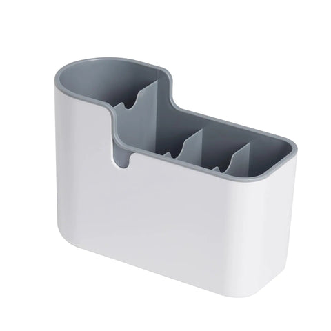 Sleek Countertop And Wall Mount Utensil Holder With Divided Compartments For Forks Knives Cutlery Compact Space Saving Desktop Caddy Tough Abs Construction in white and grey.
