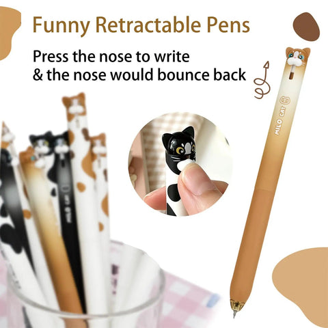 4 Pack Cute Cat Gel Pens Retractable 0.5mm Black Ink Writing Pens For Kids Teens Students And Grownups, showing cat nose mechanism.