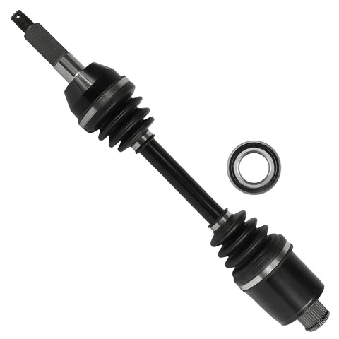 Heavy Duty Rear CV Axle Shaft With Integrated Wheel Bearing For Polaris Sportsman ATV, black metal with rubber boot.