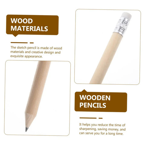 Close-up of wooden pencil showing tip and eraser, labeled as wood materials, part of Bulk Golf Pencils 50 Pack With Erasers Graphite Wood Pencils For School Office And Art Projects Half Golf Pencils Kid Friendly Easy Sharpening Mess Free Writing.