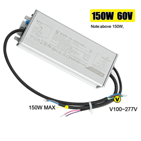 Beefy 150W Waterproof IP67 LED Driver Power Supply For 22-56V DC LED Lights, wide 100-277V AC input with cables