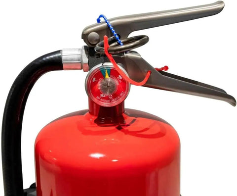 Rock Solid 5 Lb Abc Fire Extinguisher With Pressure Gauge And Wall Hook Ul Certified Dry Chemical Powder focus on pressure gauge and handle.