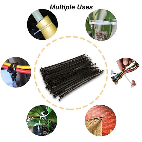 500 Pack Self Locking Nylon Cable Ties Assorted 4 6 8 10 And 12 Inch Lengths 0.16 Inch Width Heavy Duty Black For Home Office Garage Workshop Cable Management And Quick DIY Tidy Up shown in various uses like bundling cables and securing plants.