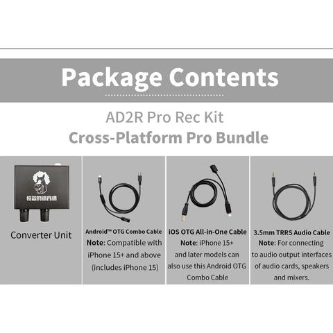 Package contents for AD2R Pro Rec Kit with cables and converter unit for Lightning to 3.5mm OTG audio interface iPhone iPad