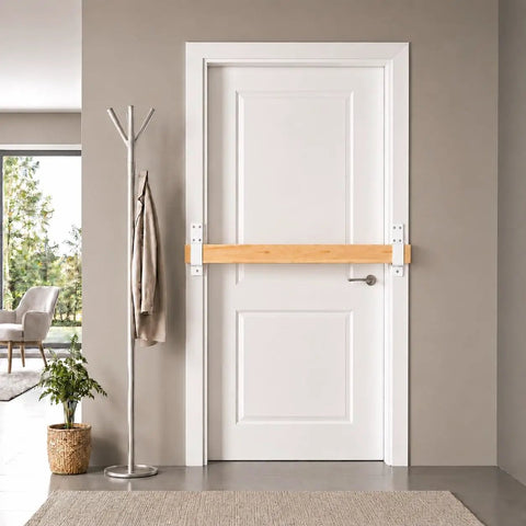 Heavy Duty Door Barricade Brackets 2 Pack Rust Proof White Steel Reinforcement Bars For Standard 2x4 Lumber used on a door.