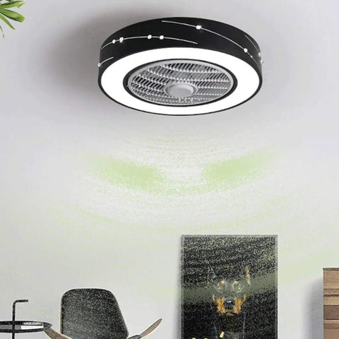 Sleek Minimalist Black Ceiling Fan With Three Speed Airflow And Three Color Dimming For Bedrooms And Offices providing smooth quiet cooling, mounted on ceiling.
