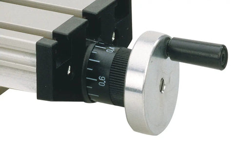 Close-up of Micro Compound Table KT 70 knob and ruler, showing precision scale for accurate alignment on drill stands and presses.