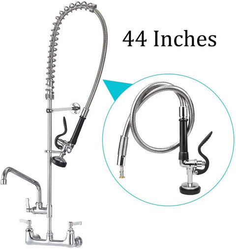 Pre Rinse Hose With Spray Valve 44 Inch Flexible Stainless Steel Hose And Sprayer Nozzle Head Replacement Kit For Commercial Kitchen Sink Faucets Pro Grade Includes Brass Adapter To Connect Swivel Spout, shown in full view with hose and sprayer detail.