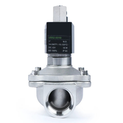 Front view of 1 Inch Stainless Steel Solenoid Valve 12V DC Normally Open With Viton Seal and Junction Box Type For Industrial Use