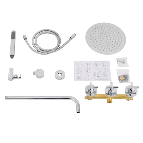 Wall Mounted Shower System 10 Inch Rainfall Shower with Handheld Spray components including hose, brackets, and a round shower head.
