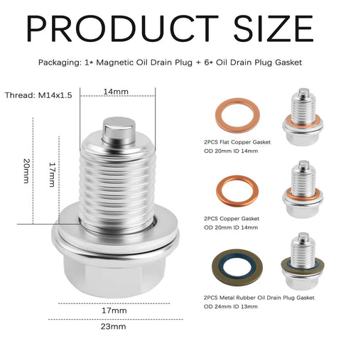 M14x1.5 Magnetic Oil Drain Plug Kit With Copper Gasket And Washers, dimensions and components detail view