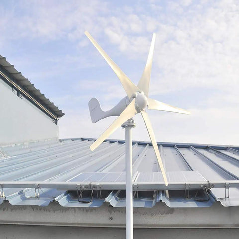 400W 12V Wind Turbine Kit With Five Blades And Charge Controller For Marine RV Or Home Use mounted on rooftop, clear sky