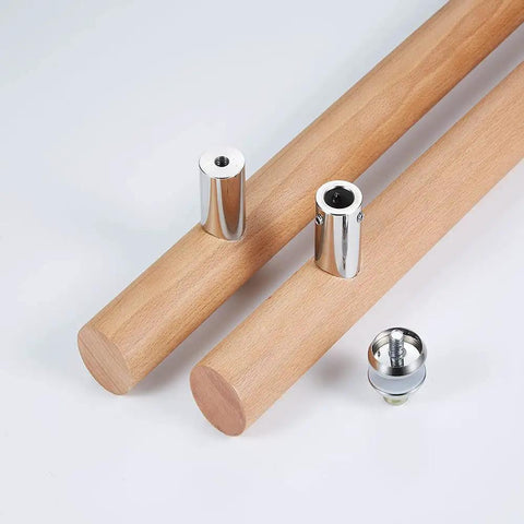 Rock Solid 304 Stainless Steel Connector, Top Shelf Heavy Duty Beech Wood Double Sided Push Pull Handle For Saunas, showing two beech wood pull bars with chrome connectors.