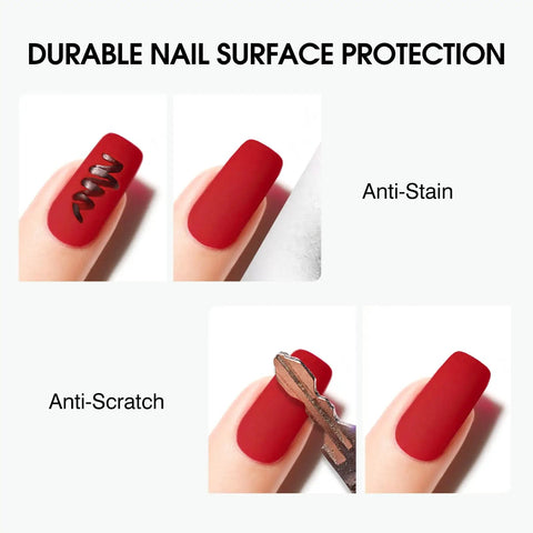 Matte Gel Top Coat And Base Coat Set No Wipe For Long Lasting Chip Resistant Mani At Home Kit shown with anti-stain and scratch features.