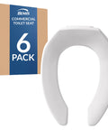 Six Pack Commercial Open Front Plastic Toilet Seat Elongated White Built To Last Heavy Duty Industrial Grade Never Loosens With Secure Stainless Steel Hardware For Easy Durable Installation Without Lid with packaging