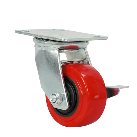 Heavy Duty 4 Inch Red Polyurethane Swivel Caster With Wheel Brake, 550 Lbs Rugged Capacity, close-up view showcasing the wheel and metal mount.