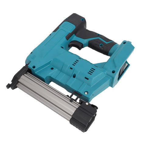 No Sweat 20V Cordless Brad Nailer And Crown Stapler Combo with smooth trigger pull, showing blue body and metal nail magazine.