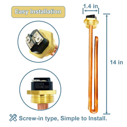 90240 Heating Element Compatible With EcoSmart ECO 18 24 27 36 Tankless Water Heaters DIY Friendly Rheem Eemax Richmond Electric Water Heater Element Replacement 9KW 18KW 27KW 36KW 240V Includes O Ring And Screw 2 Pack, screw-in type with easy installation features shown.