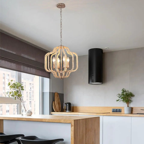 Modern Chandelier Light Fixture With Wood Beaded Boho Pendant 4 Lights Orb Design in kitchen with wood accents and black chairs.