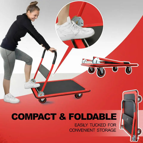 Heavy Duty Foldable Push Cart Dolly With Comfort Grip 660 Pound Capacity Moving Platform Flat Cart with user demonstrating usage and foldable feature.