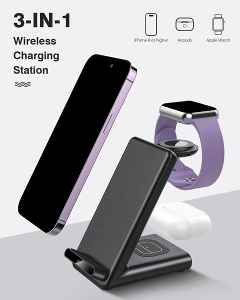 3 In 1 Wireless Charging Dock For Apple Watch Series Ultra Through 3, iPhone 12 Through 17, And AirPods Pro in use
