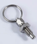 Four Pack Stainless Steel Spring Loaded Pull Plunger Lock Out Knobs With Quick Release Indexing Pins For Workshop Cabinets Tool Racks, close-up of a stainless steel knob with keyring