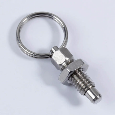 Four Pack Stainless Steel Spring Loaded Pull Plunger Lock Out Knobs With Quick Release Indexing Pins For Workshop Cabinets Tool Racks, close-up of a stainless steel knob with keyring
