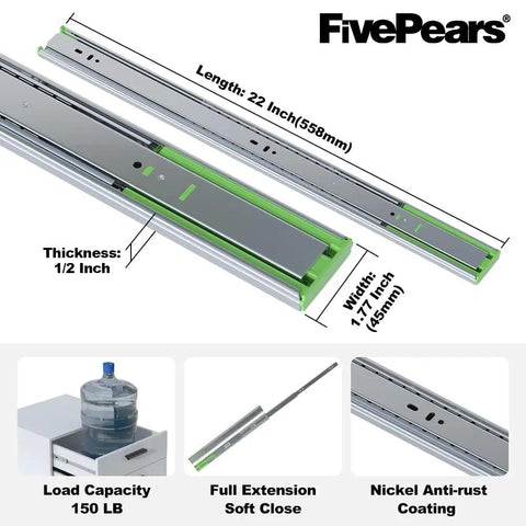 22 Inch Heavy Duty Soft Close Drawer Slides With Full Extension Ball Bearing Side Mount Rails, 150 Lb Load Capacity shown.