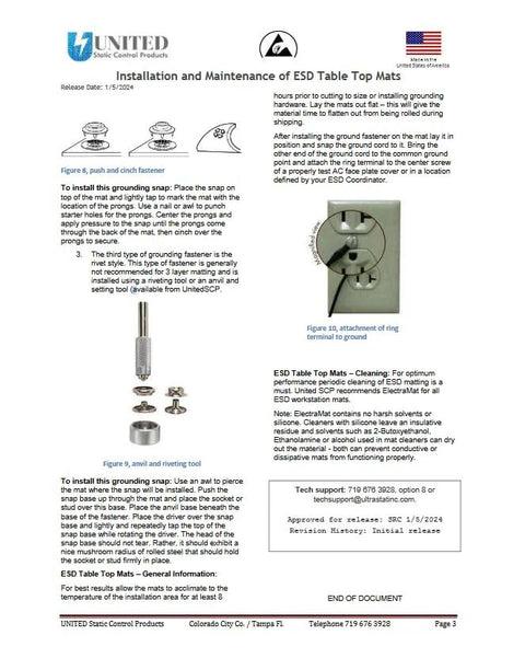 ESD mat kit installation guide page showing grounding snap, ground cord, and wrist strap diagrams.