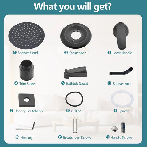 High Flow Eight Inch Matte Black Rain Shower Faucet And Tub Trim Kit With Round Rain Showerhead And Handle Fits Delta 13 Series parts list.