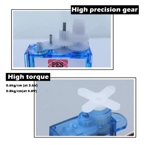 Close-up of Ultra Light 3.7g Digital RC Servo GH-S37D gears and torque specs with high precision and power output at 3.6V and 4.8V