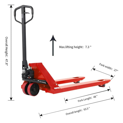 Heavy Duty Manual Pallet Jack With 6600 Lb Capacity Built Tough For Warehouse Grind Featuring 27 X 48 Inch Forks showing dimensions and max lift height.