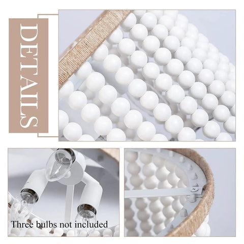 Close-up of Bohemian Wood Beaded Chandelier Three Light Pendant With White Finish showing wood beads and rope details.