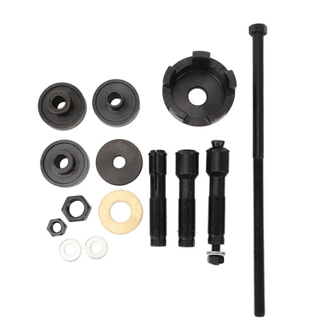 Thinking Process:. 14pc metal motorcycle wheel bearing removal tool kit with puller rods, adapters, and rings