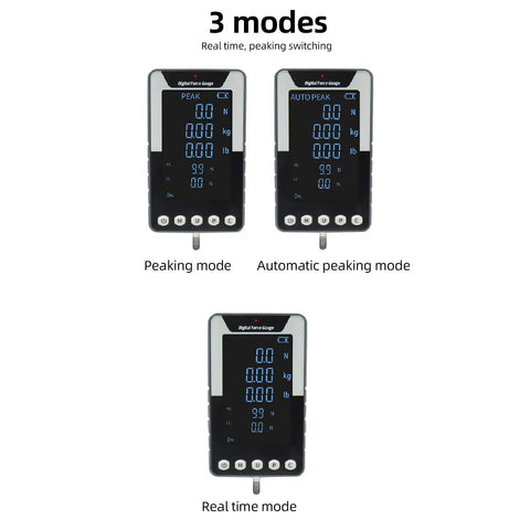 Push Pull Thrust Dynamometer Gauge With Bright Color Digital Display For Real Time Force Readout 10N 1kg 2.2lb Capacity Tension And Pressure Tester Three Measurement Modes Reversible Screen US Plug For Lab Or Workshop showing 3 modes