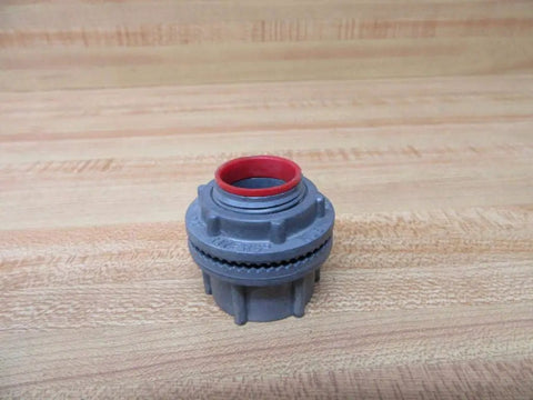 Tough As Nails 3/4 Inch Zinc Conduit Hub Built For Steel And Aluminum Pipe, gray with red seal for moisture protection.