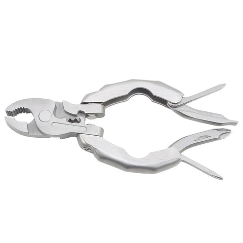 Stainless steel open Folding Multitool Pliers 9 In 1 For Repairing And Survival On The Go, featuring various tools
