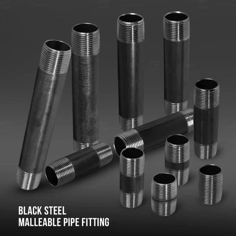 Image of 1/2 Inch Black Pipe Fitting Set, Heavy Duty Malleable Steel Nipples displayed on a gray background.