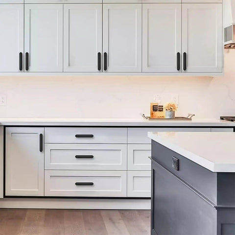 Kitchen with matte black cabinet pulls with backplate 5 pack 3 inch hole centers 4 inch overall length 1 inch diameter 1.3 inch projection