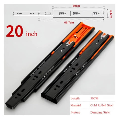 Grab These Top Shelf Three Section Drawer Slides 2 Pack Bottom Mount Concealed Cabinet Hardware Heavy Duty Silent Gliding Tracks Smooth As Silk Operation Fits 45mm Space No Sweat Setup At Home Or Shop 20 inch undermount tracks in black and orange.