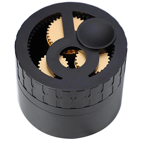 Geared Espresso Leveler And Magnetic Coffee Needle Distributor For 51 54 58 Millimeter Portafilters black design with gold gears.