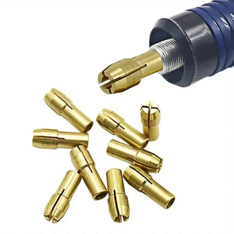 Versatile 10 Piece Drill Chuck Adapter Kit For Rotary Tools With Precision Collet Set 0.5-3.2mm brass collets and adapter close-up