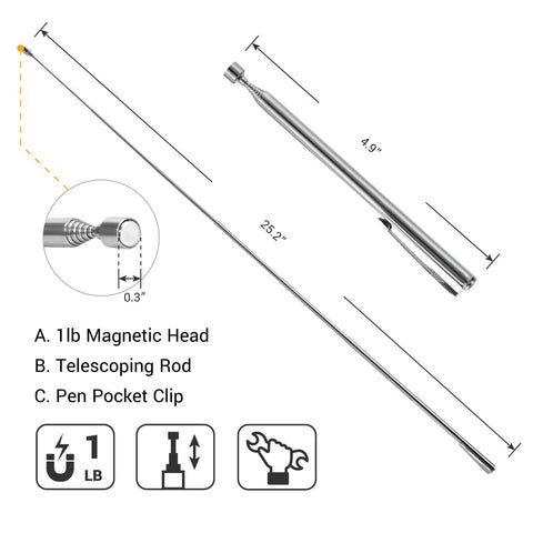 Stainless Steel Telescoping Magnetic Pick Up Tool With Pocket Clip Extendable To 25 Inches Powerful 1 Lb Magnet details diagram